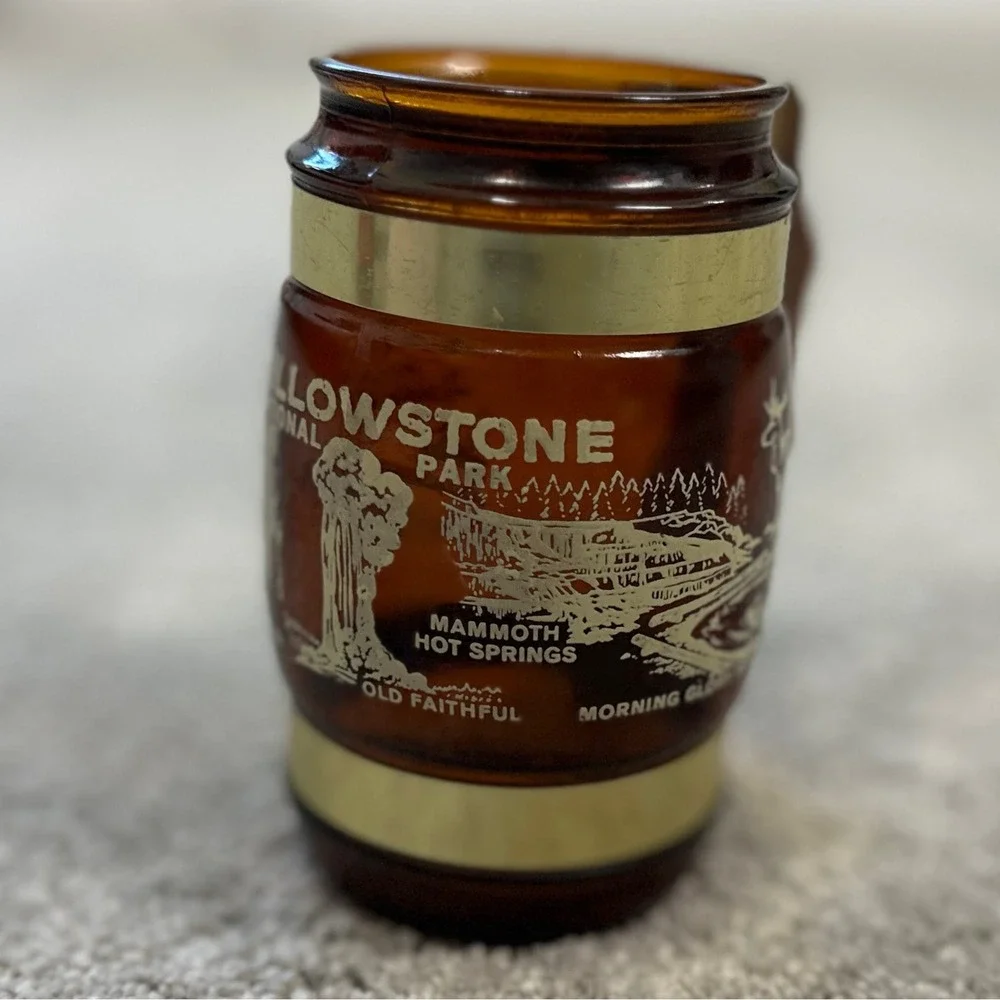 Vintage Siesta Ware Yellowstone National Park Amber Mug Wooden Handle Brass Band